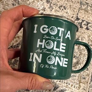 Green Enamel Mug with Fun Golf Design